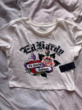 Ed Hardy Y2K Tattoo Graphic Baby Tee Crop Top White Size L